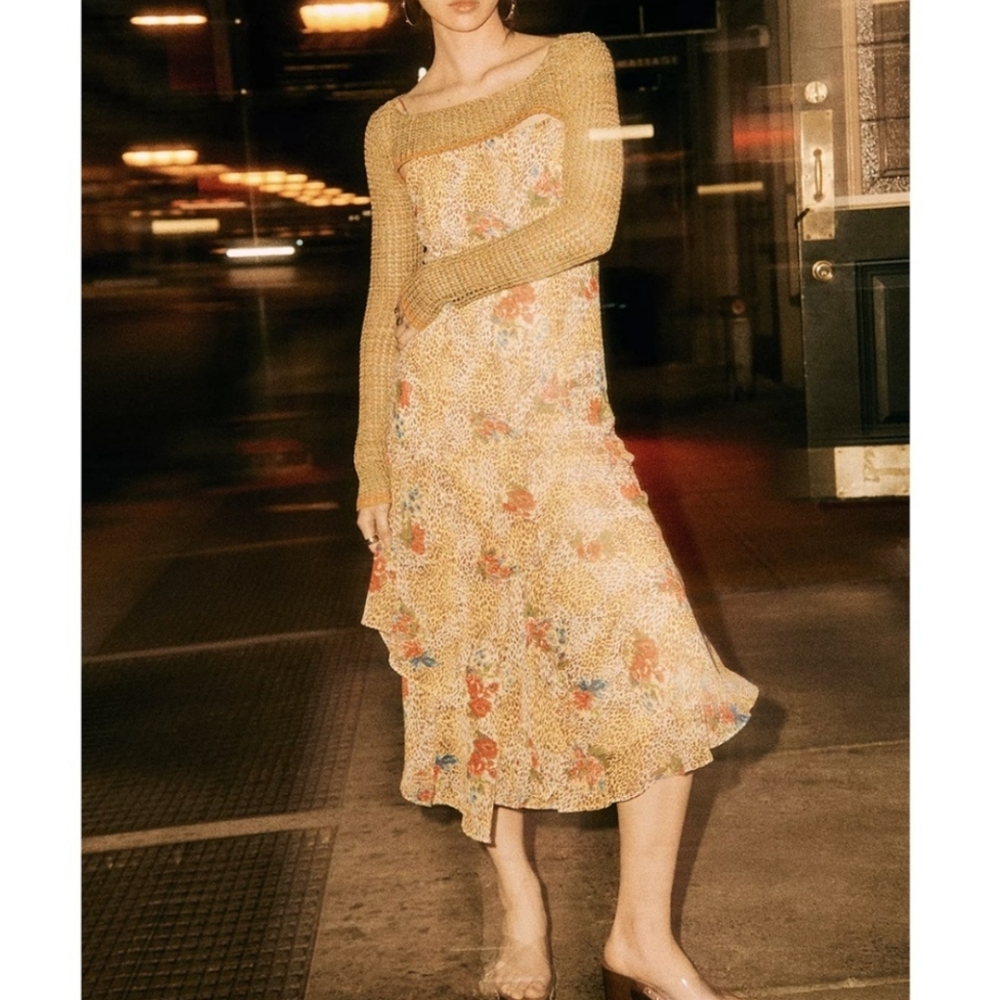 NWT YELLOW BROWN LEOPARD FLOWERS MIDI SUMMER DRESS